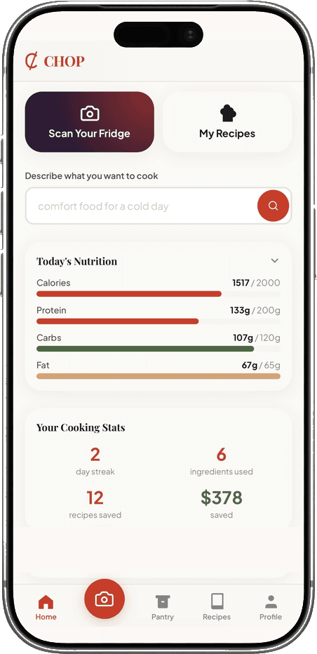 CHOP app showing nutrition tracking with calories, protein, carbs, and fat per serving